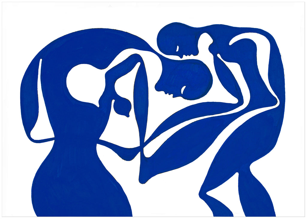 Art print by Swedish artist Henrik Delehag. Two blue figures. 