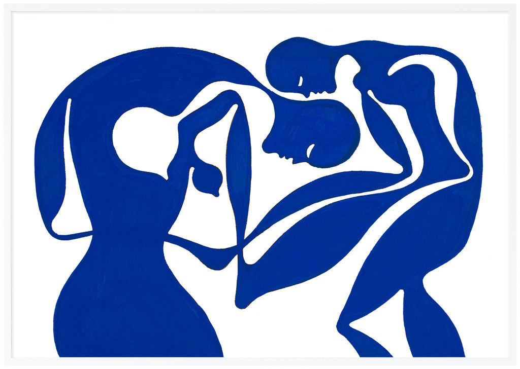 Art print by Swedish artist Henrik Delehag. Two blue figures. White frame. 