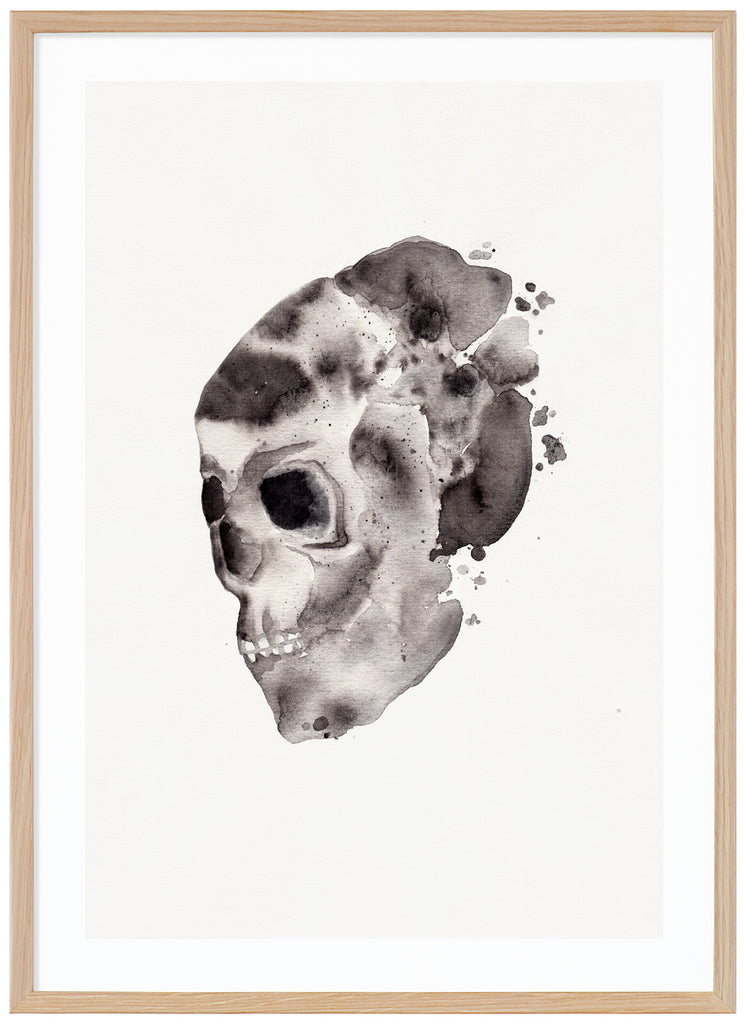 Posters in black and white watercolor painting of skull. Oak frame. 