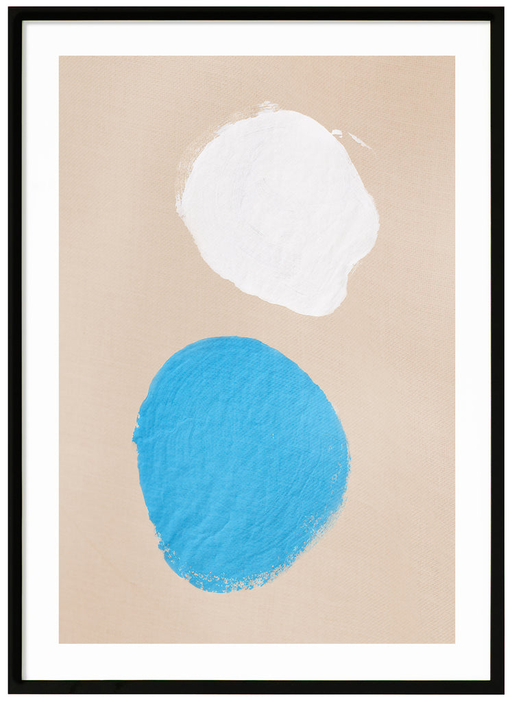 Minimalist motif of a blue and white painted stain on a woven beige surface. Black frame. 