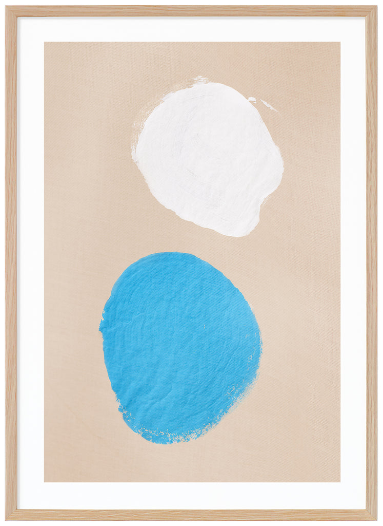 Minimalist motif of a blue and white painted stain on a woven beige surface. Oak frame. 