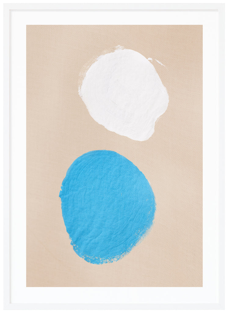Minimalist motif of a blue and white painted stain on a woven beige surface. White frame. 