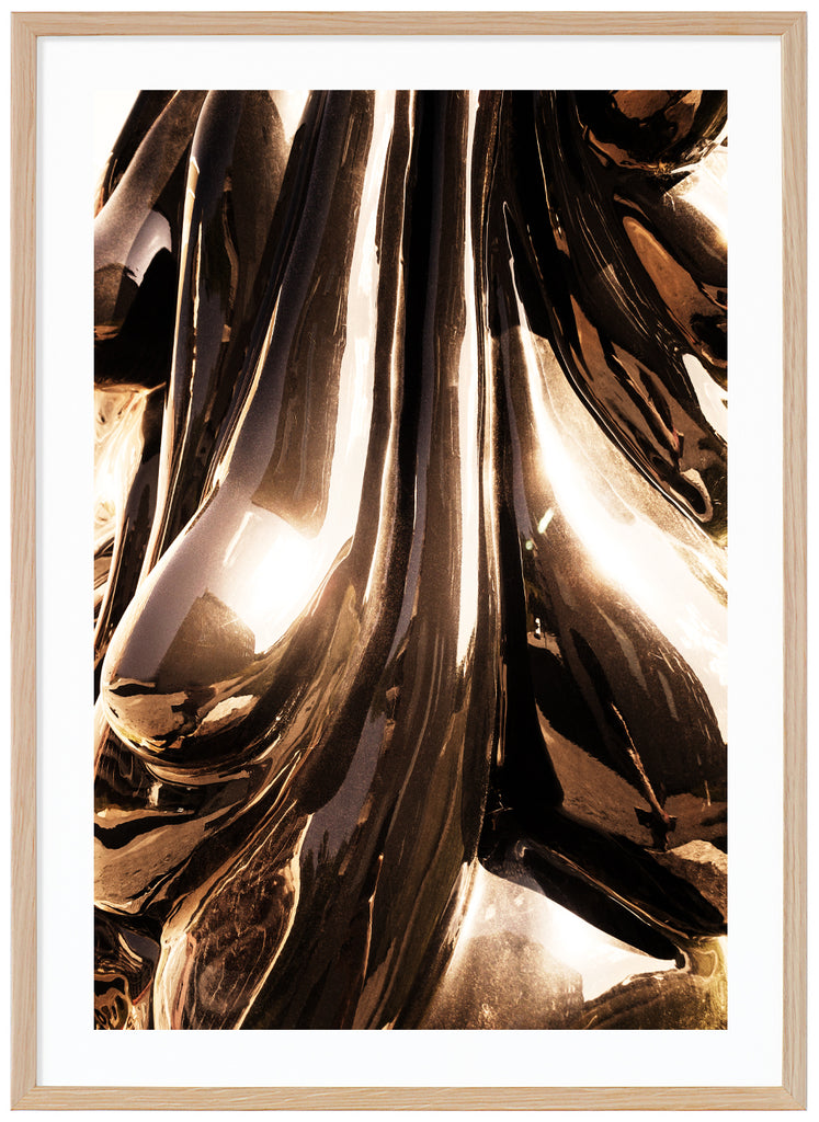 Abstract motif of metallic surface that goes in bronze-like tones. Oak frame.