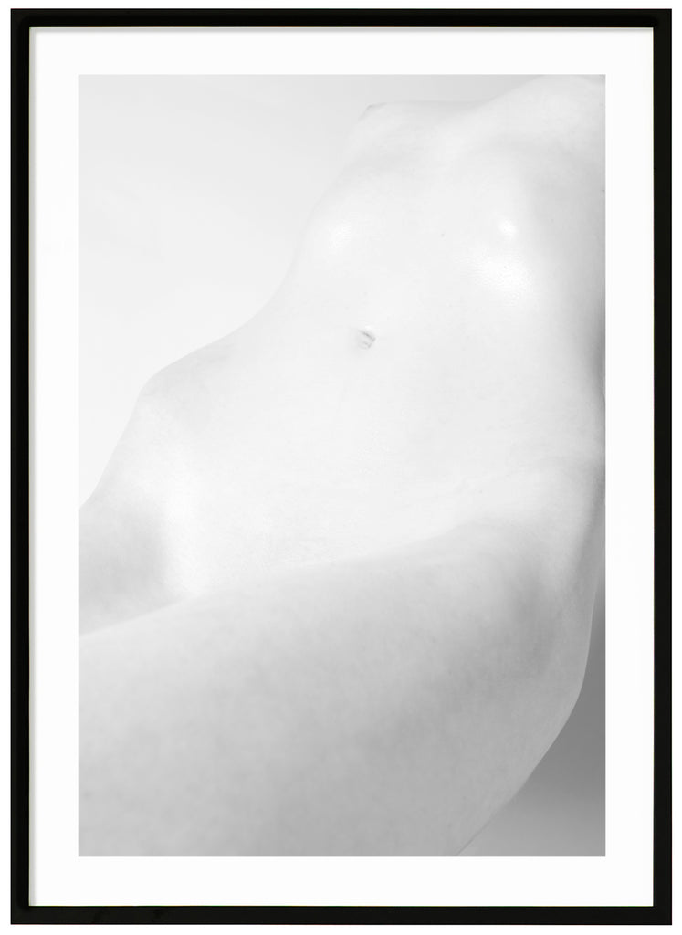 Black and white photo art of a naked body. Black frame. 