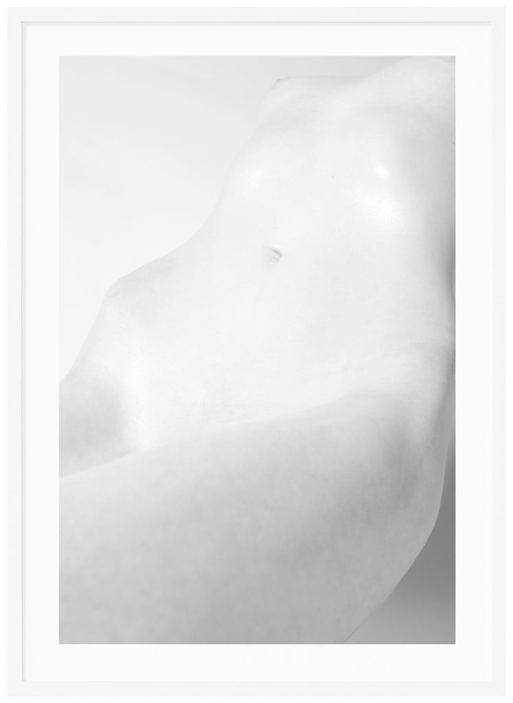 Black and white photo art of a naked body. White frame. 