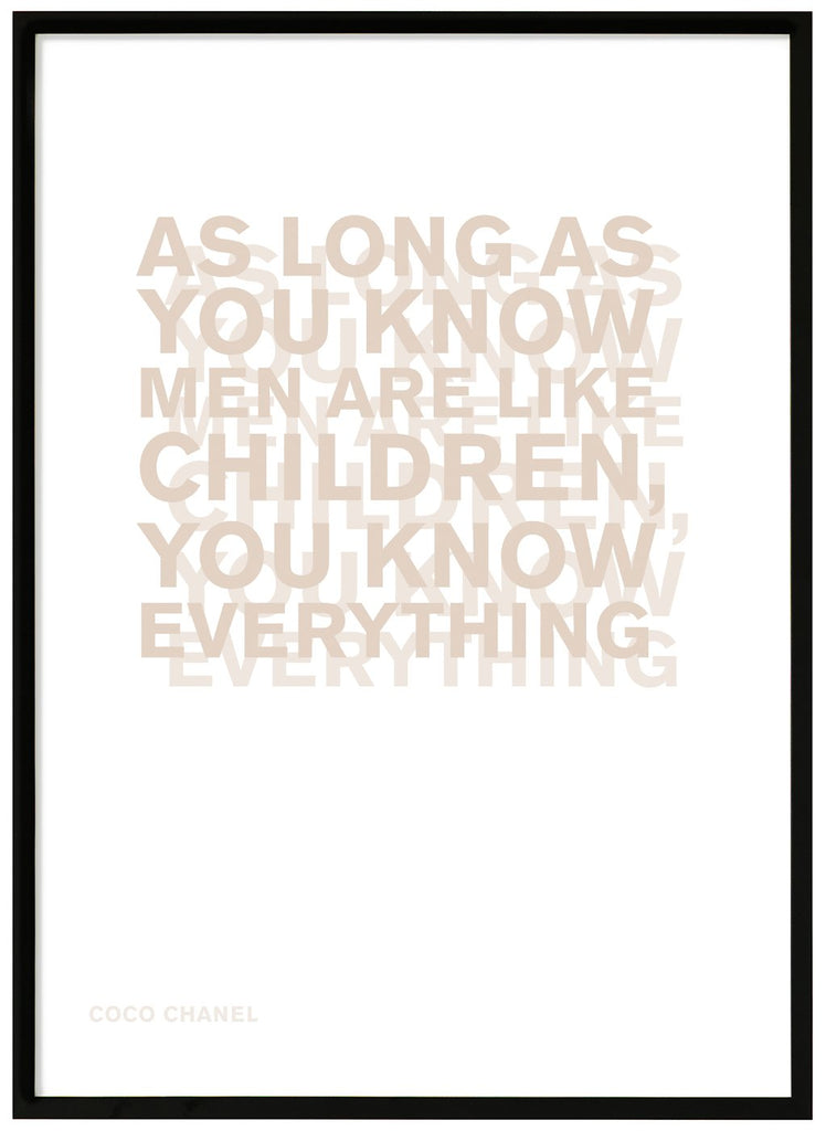 Graphic poster with a quote by Coco Chanel. Black frame. 