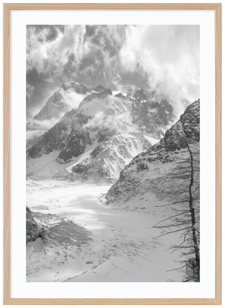 France's largest glacier Mer de Glace photographed in black and white. Oak frame. 