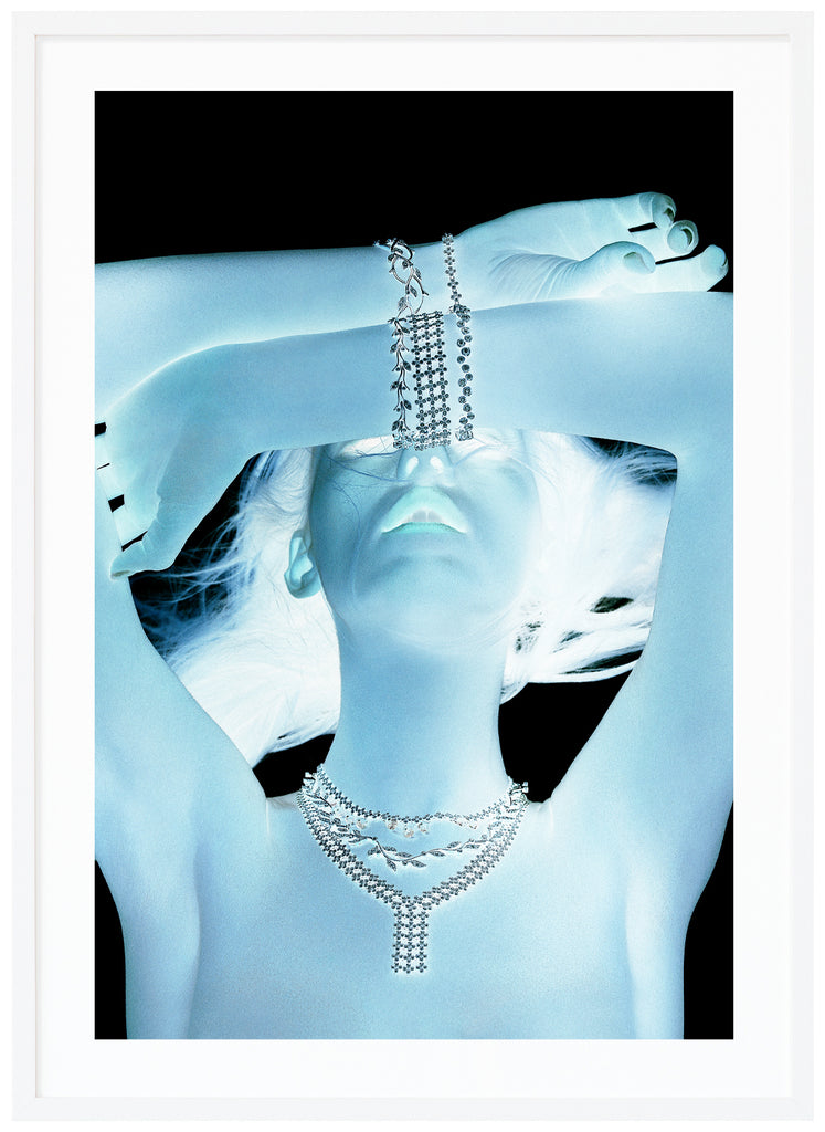 Poster of a woman in light blue glow. Black background. White frame. 