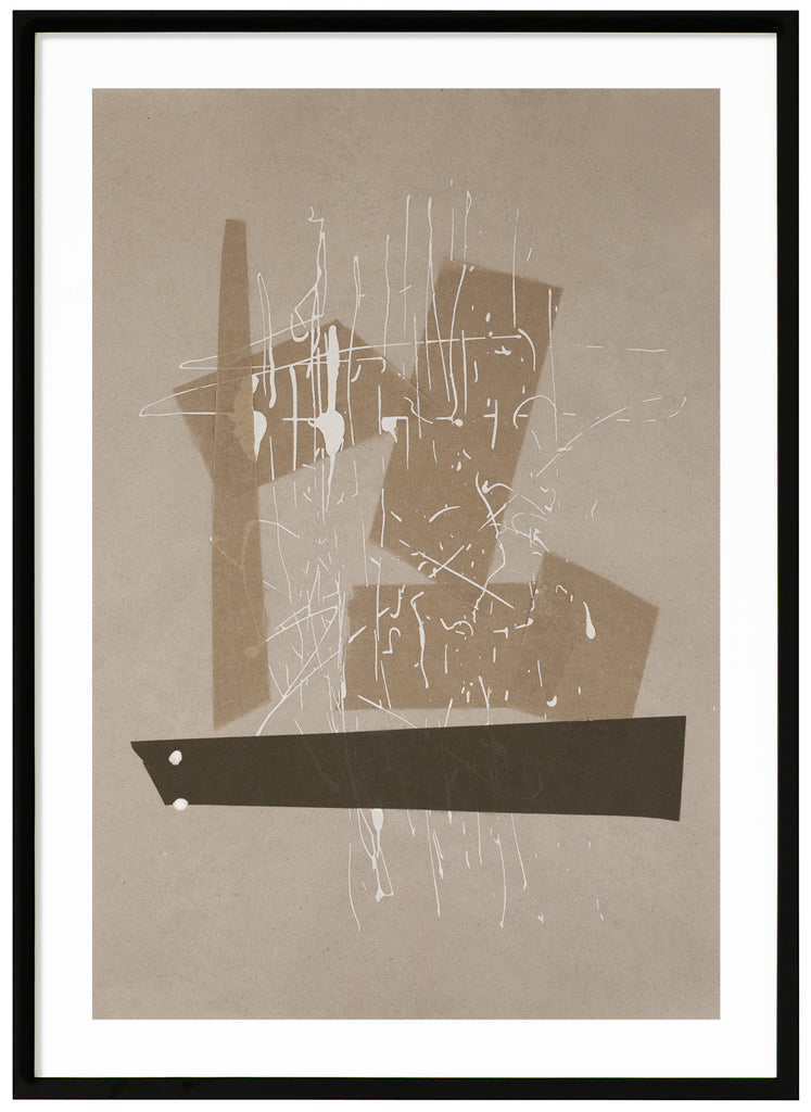 Abstract poster with shadows and white color on beige surface. Black frame. 