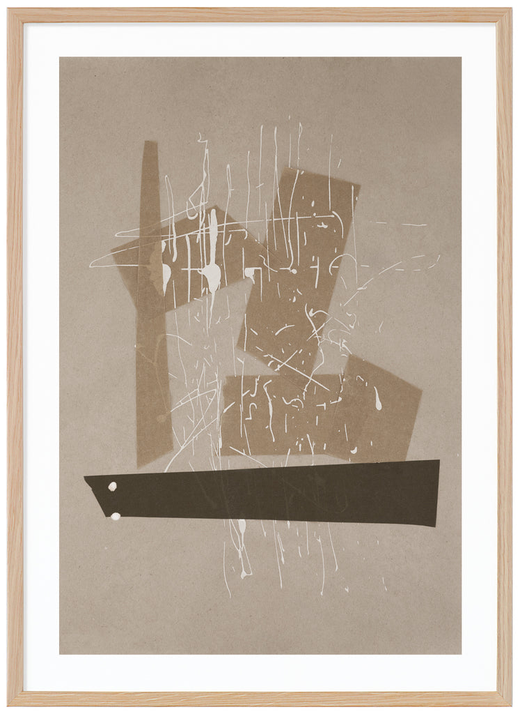 Abstract poster with shadows and white color on beige surface. Oak frame.