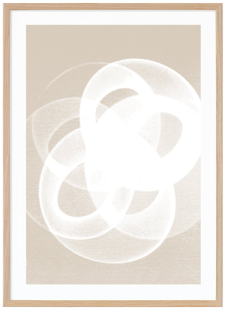 Beige poster with white abstract motif. Portrait format. Oak frame. 