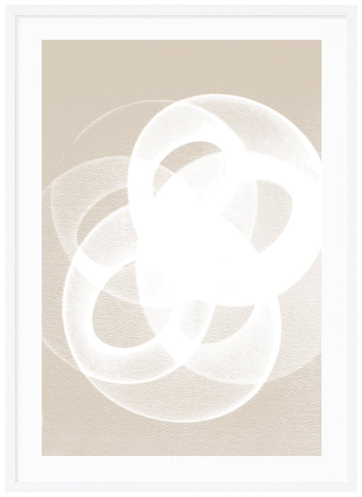 Beige poster with white abstract motif. Portrait format. White frame.