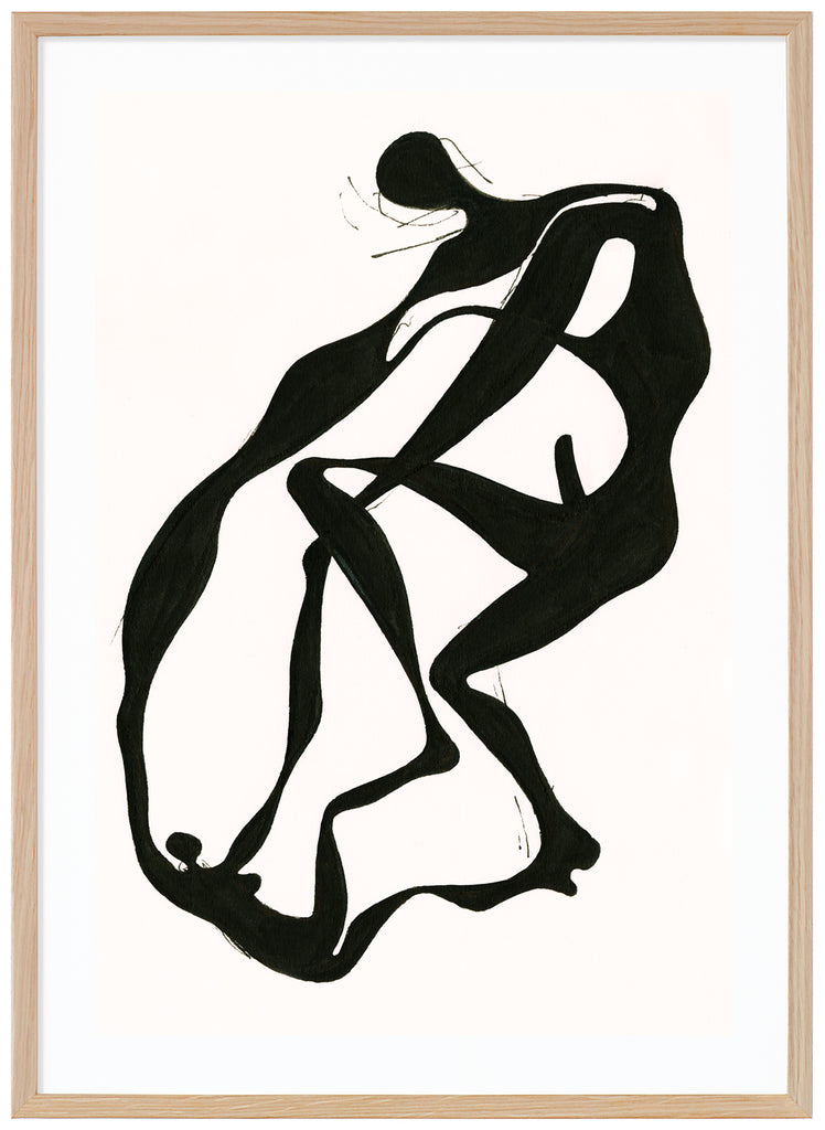 Semi-abstract poster of two figures in black. White background. Oak frame. 