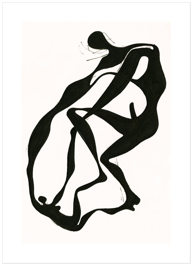 Semi-abstract poster of two figures in black. White background.