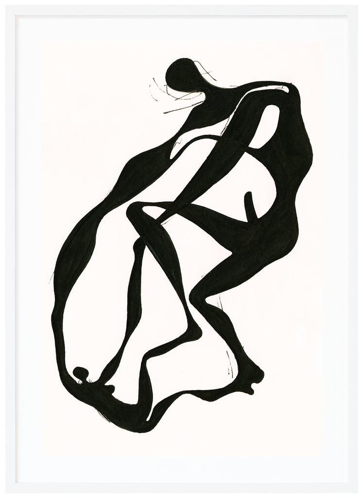 Semi-abstract poster of two figures in black. White background. White frame. 