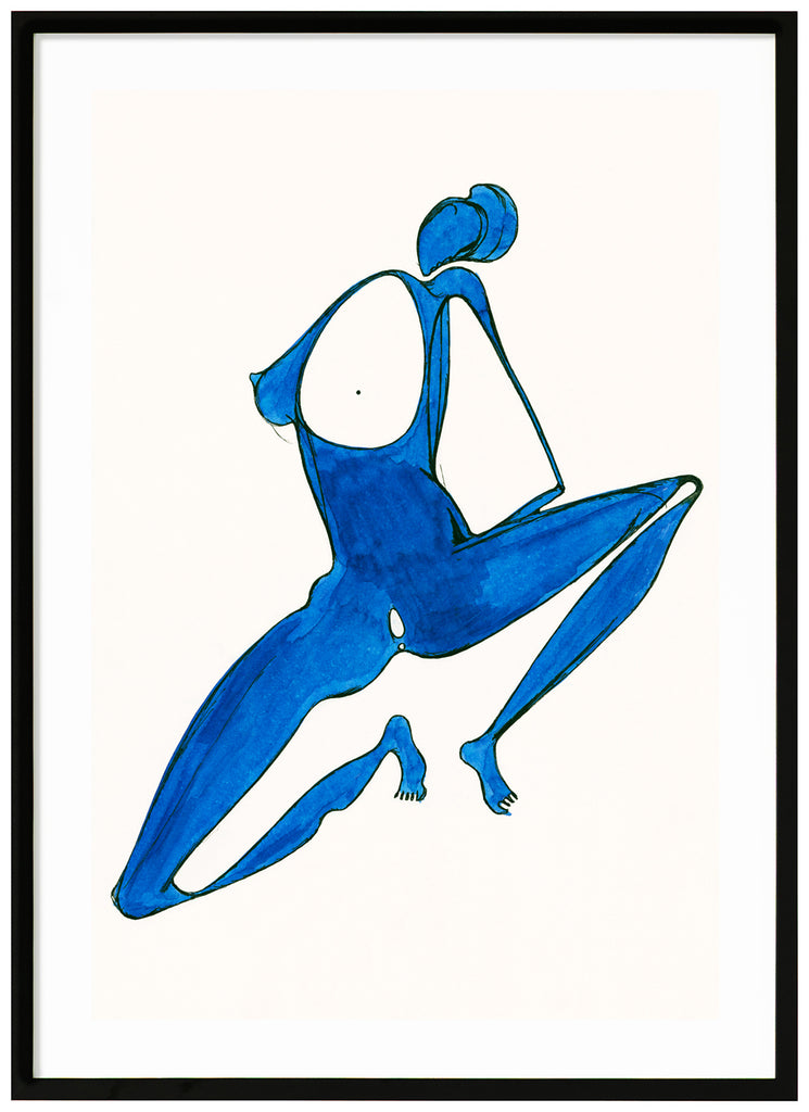 Poster of blue figure squatting and parting his legs. White background. Black frame. 