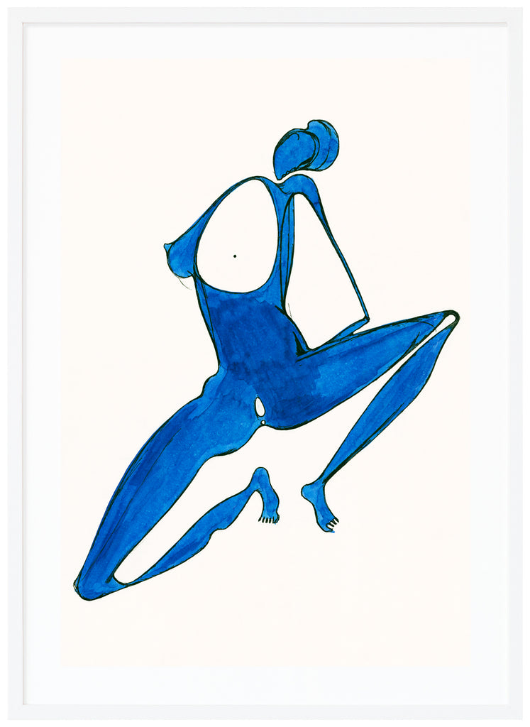 Poster of blue figure squatting and parting his legs. White background. White frame. 