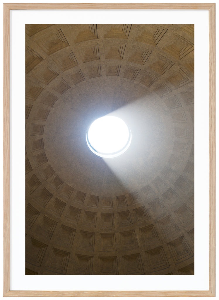 The oculus in the dome inside the Pantheon in Rome. The building was built in the years 115-125. Oak frame.