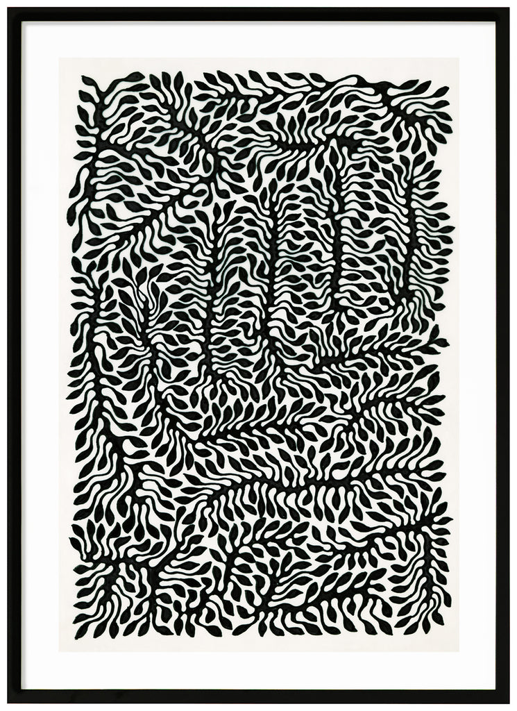 Black and white poster of leaf-like pattern, by the Swedish artist Henrik Delehag. Black frame.