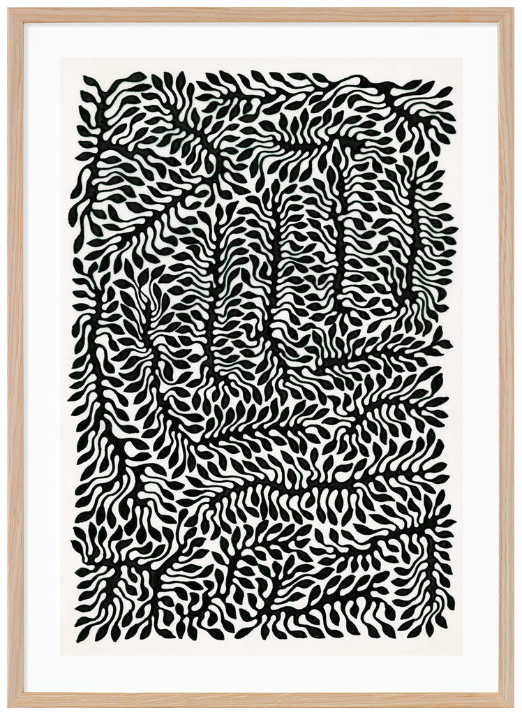 Black and white poster of leaf-like pattern, by the Swedish artist Henrik Delehag.  Oak frame.