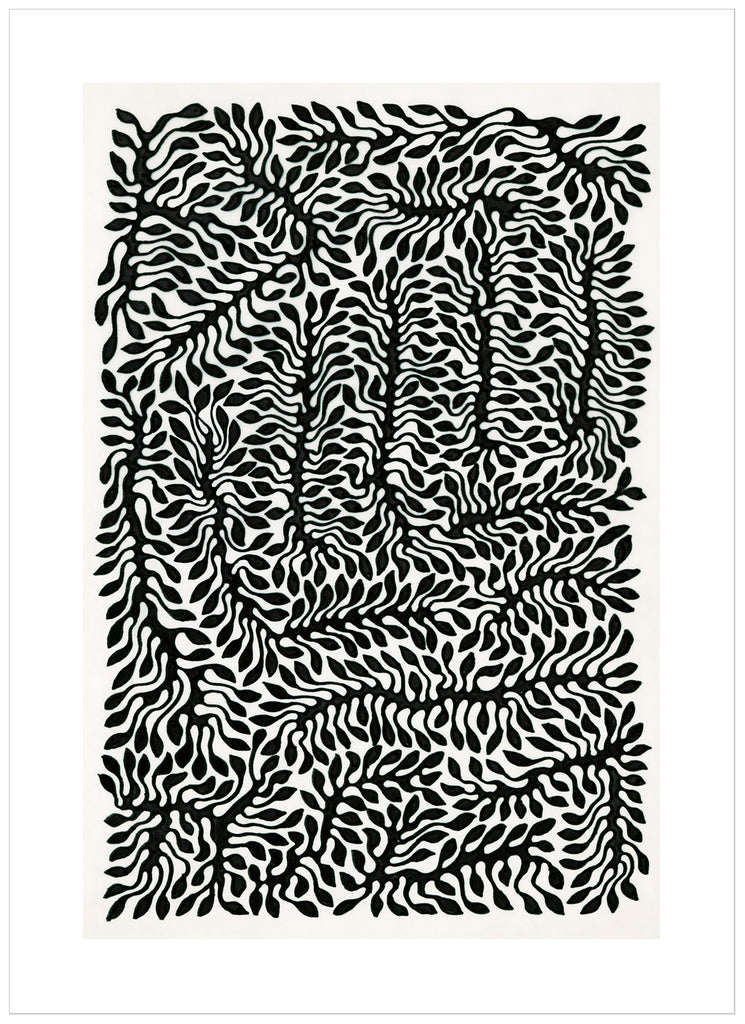 Black and white poster of leaf-like pattern, by the Swedish artist Henrik Delehag. 