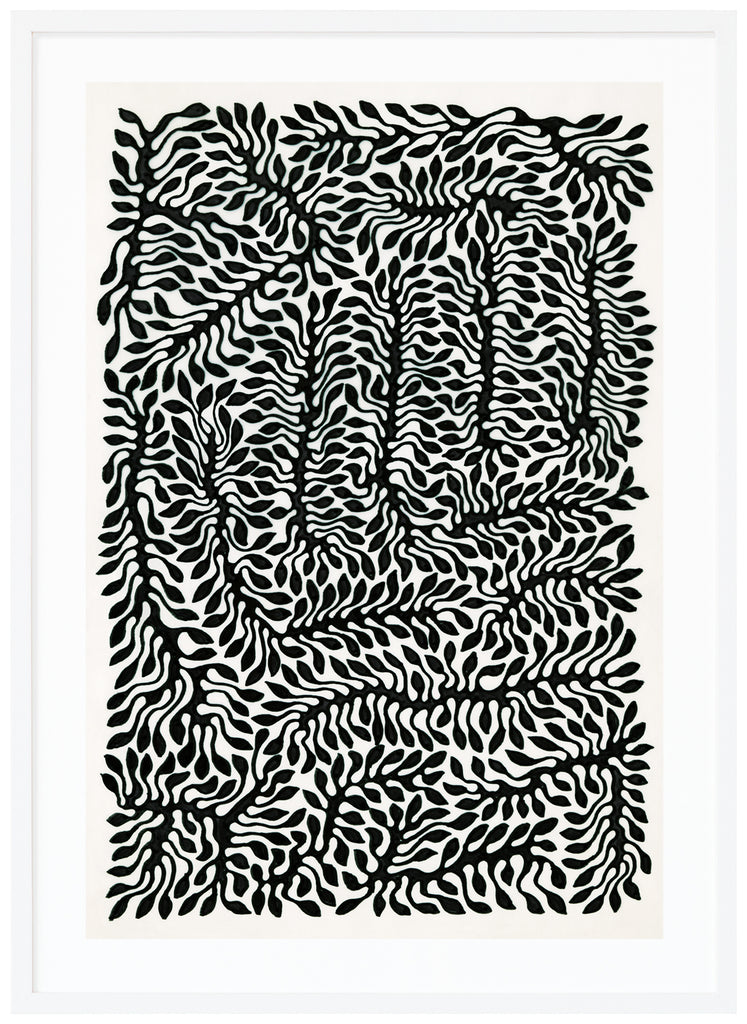 Black and white poster of leaf-like pattern, by the Swedish artist Henrik Delehag.  White frame. 