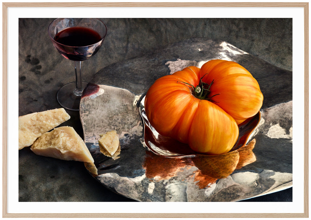 Still life in the color of a tomato, parmesan cheese and a glass of port wine. Oak frame. 