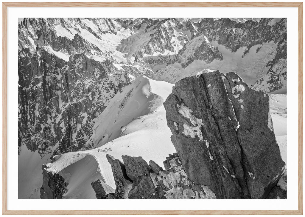 Black and white photograph of cliffs and alps in France. Oak frame. 