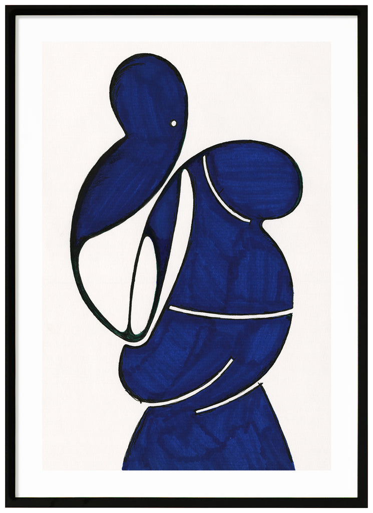 Posters of blue abstract motifs. White background, by the Swedish artist Henrik Delehag.  Black frame. 