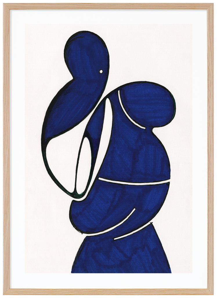 Posters of blue abstract motifs. White background, by the Swedish artist Henrik Delehag.  Oak frame.