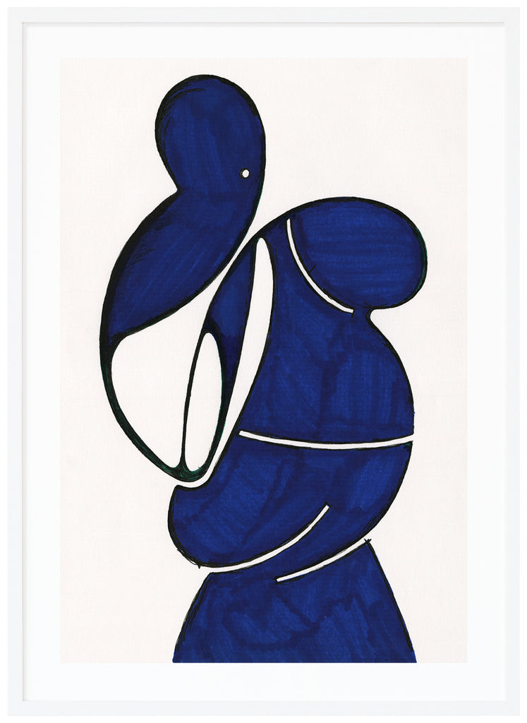 Posters of blue abstract motifs. White background, by the Swedish artist Henrik Delehag.  White frame. 