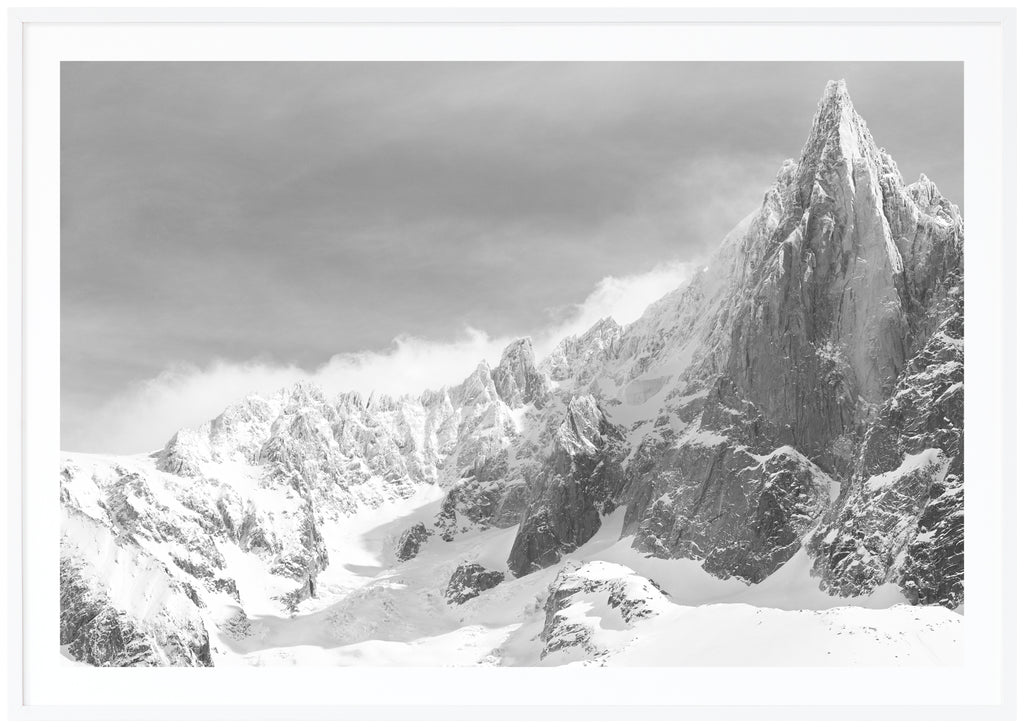 Black and white poster of high mountain with snow. Horizontal format. White frame. 