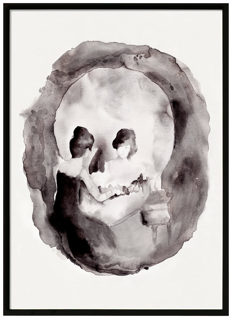 Black and white poster of watercolor painting on white background of a skull. The motive is striking. Black frame.