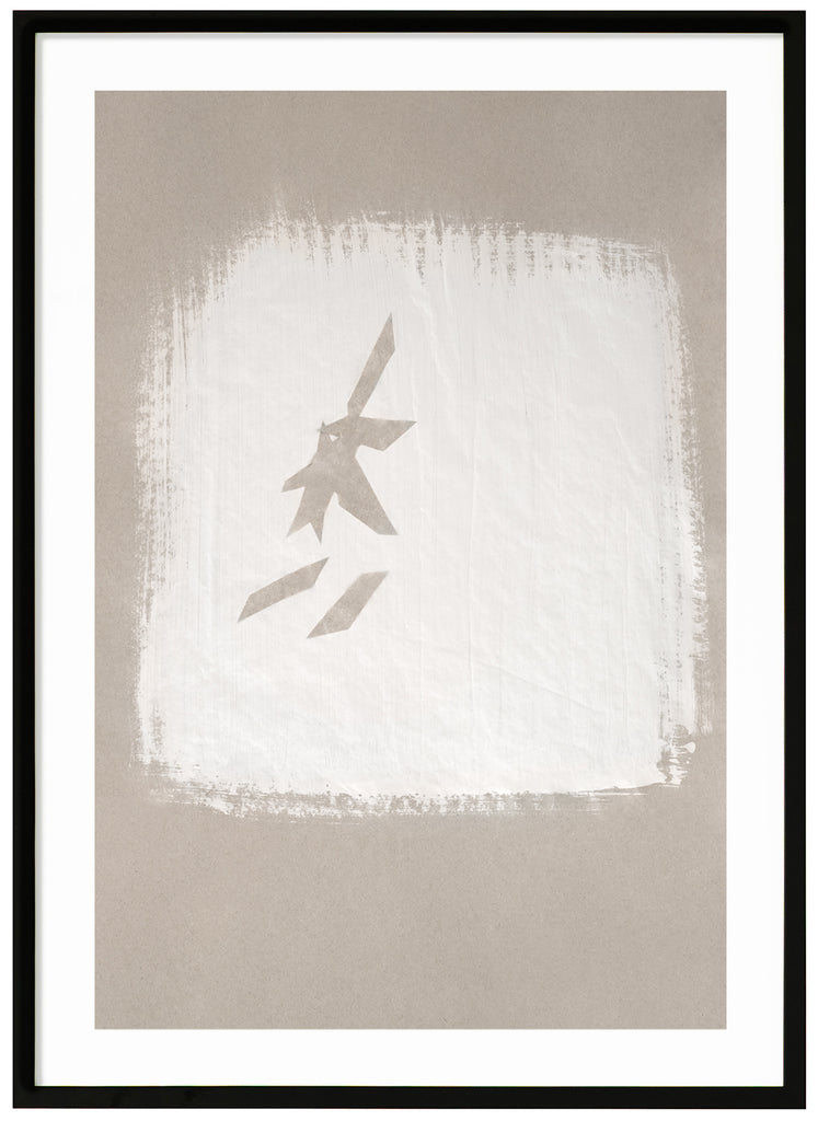 Poster of painted white square with figure. Beige background. Black frame.