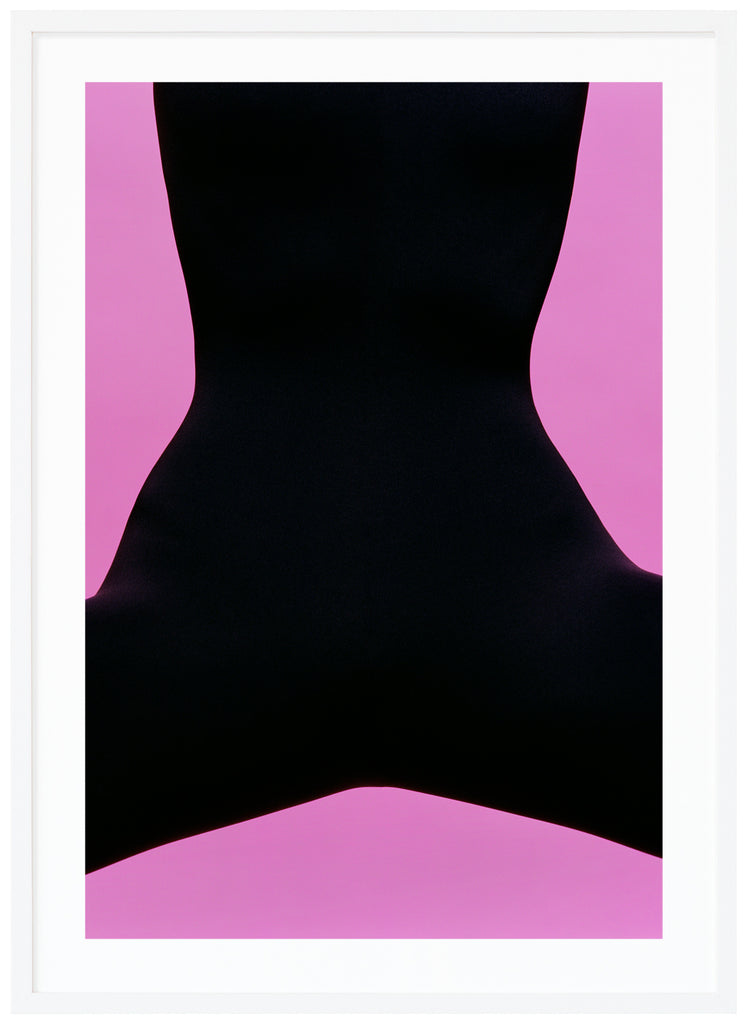 Poster with semi-abstract black motif with pink background.  White frame.