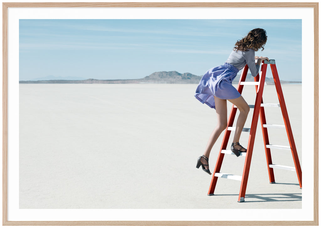 Poster of woman climbing on orange ladder in the desert. Horizontal format. Oak frame. 