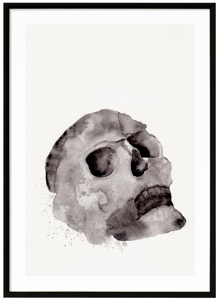 Poster of painted skull. White background. Black frame. 