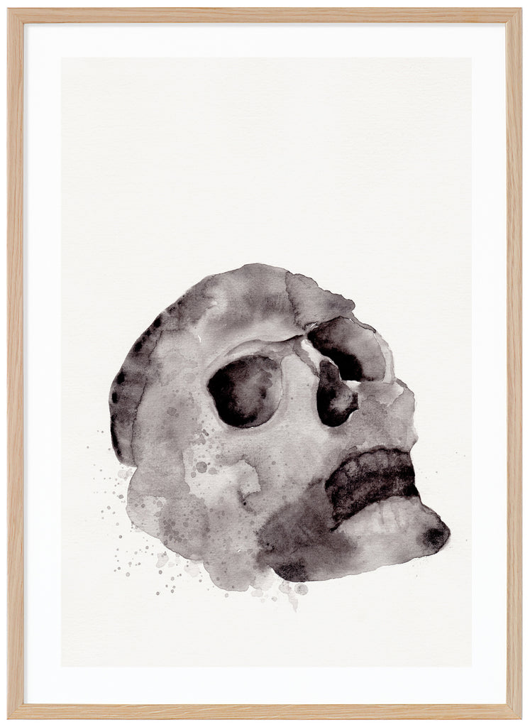 Poster of painted skull. White background. Oak frame. 