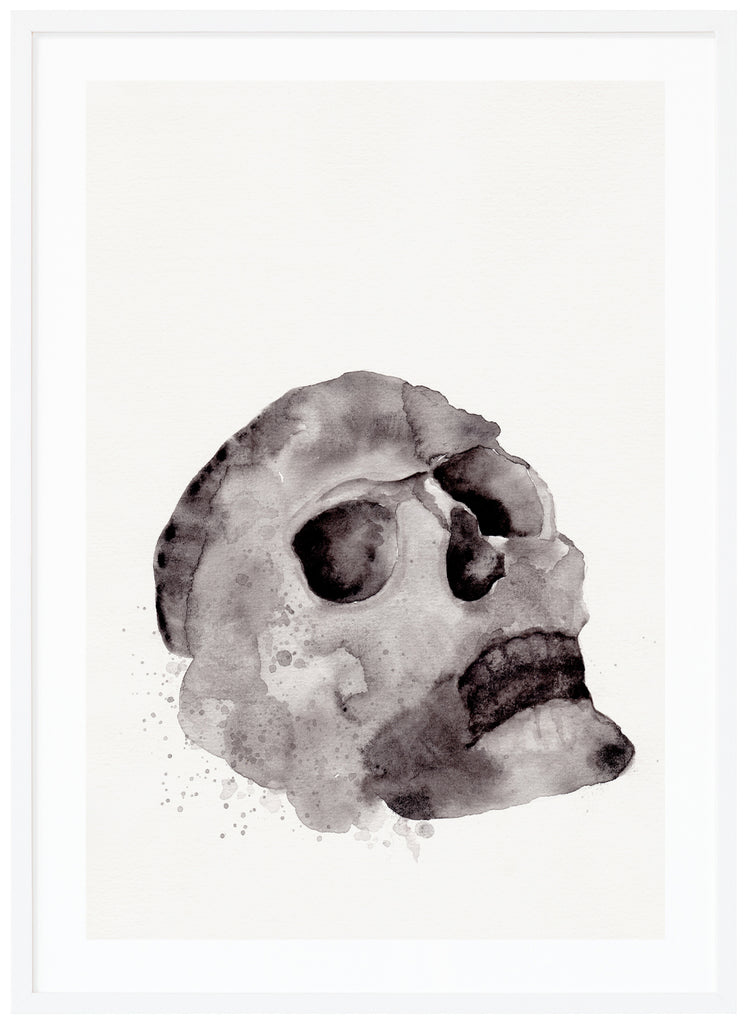 Poster of painted skull. White background. White frame.