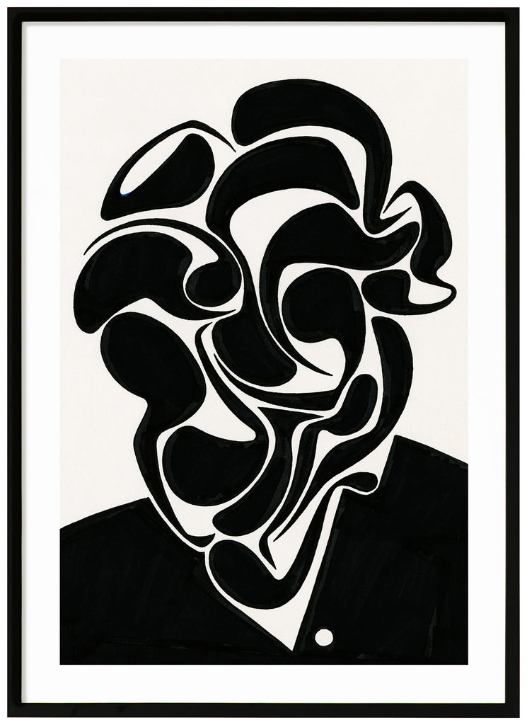 Black and white poster of abstract portrait in black with white background. By Swedish artist Henrik Delehag. Black frame. 