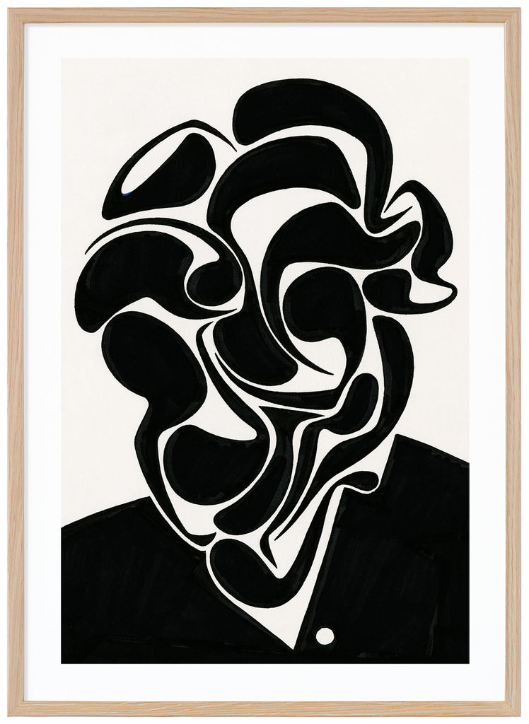 Black and white poster of abstract portrait in black with white background. By Swedish artist Henrik Delehag. Oak frame.