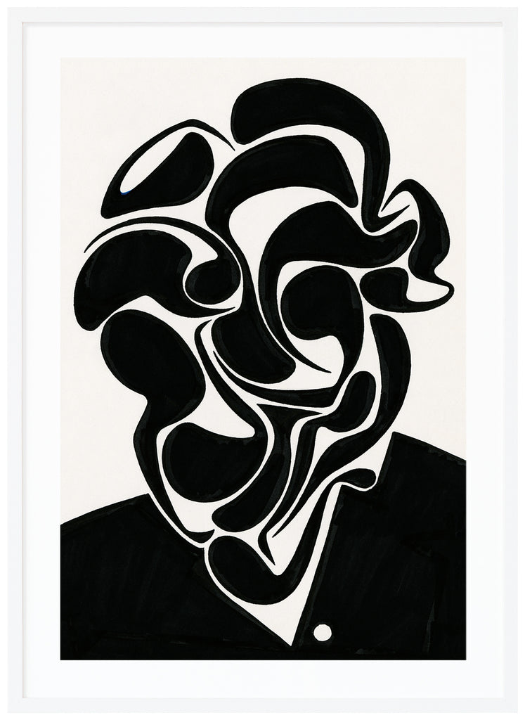 Black and white poster of abstract portrait in black with white background. By Swedish artist Henrik Delehag. White frame. 