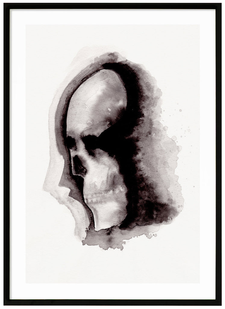 Watercolor painting of a skull in black tones, by Shima Deris. Black frame. 