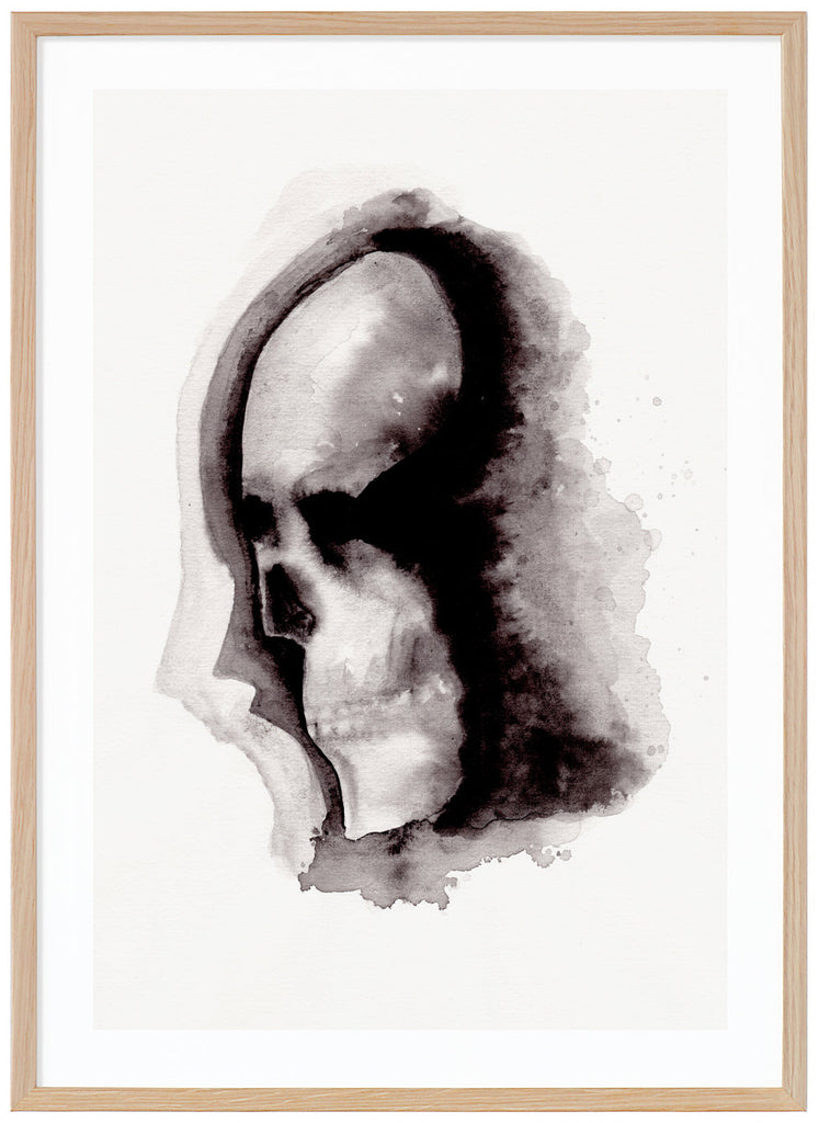 Watercolor painting of a skull in black tones, by Shima Deris. Oak frame.