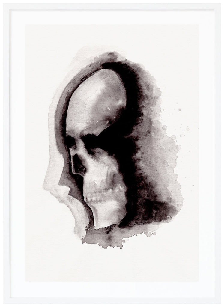 Watercolor painting of a skull in black tones, by Shima Deris. White frame. 