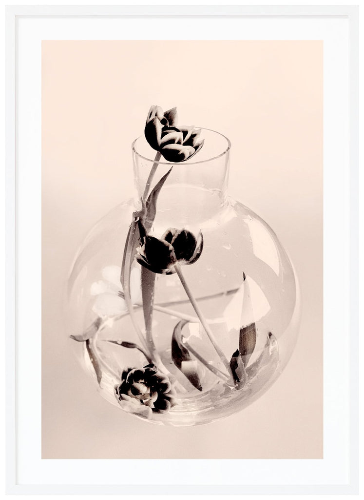 Graphic photo art of a glass vase with a number of tulips that have collapsed in it.  White frame. 
