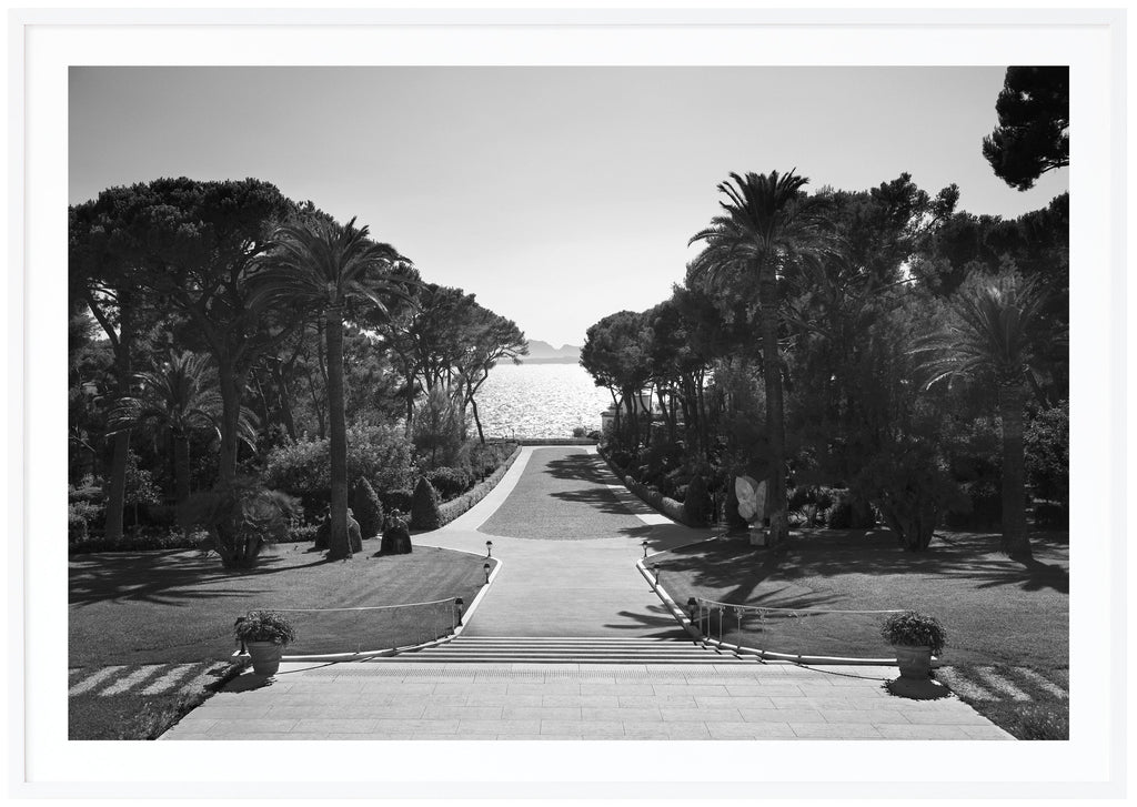Black and white photography with a view of an incredible backyard with the water glistening with the sun.  White frame.