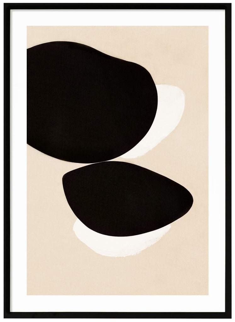 Abstract artwork with colors black, white and beige background. Black frame. 