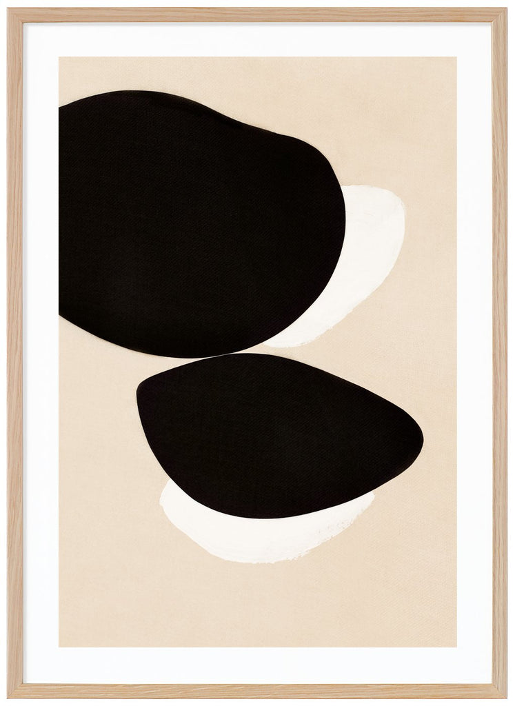Abstract artwork with colors black, white and beige background. Oak frame.