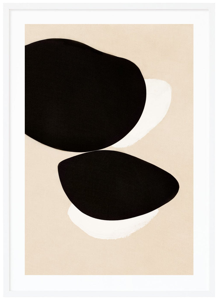 Abstract artwork with colors black, white and beige background. White frame. 